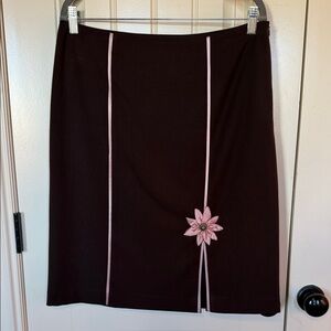 Karen Kane Black Pencil Skirt with Pink Piping and Flower Accent